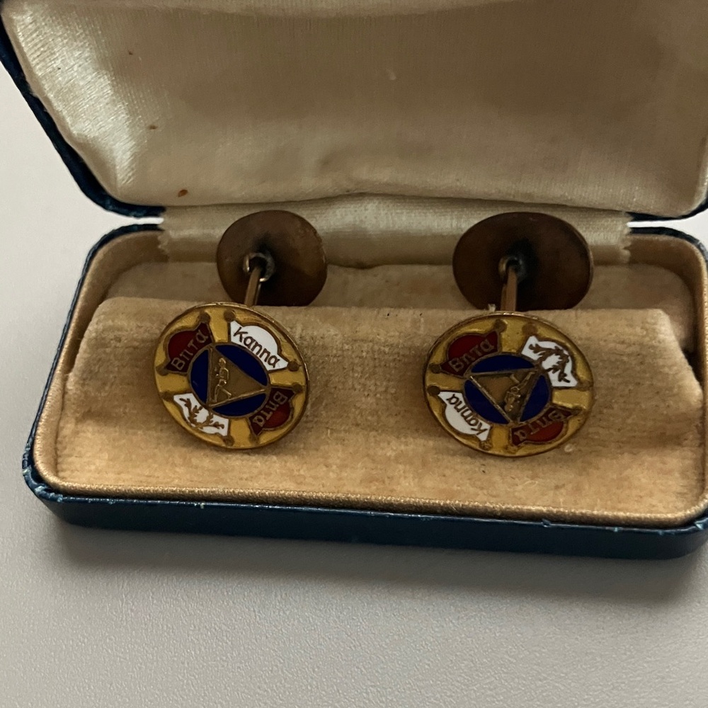 Old Enamel Cufflinks with Blue, Red, and Gold Design NOT GOLD